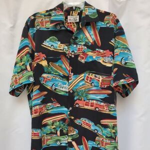 VTG Monticerutti Hawaiian Shirt Surfer Surfboards Palm Trees Classic Car Medium
